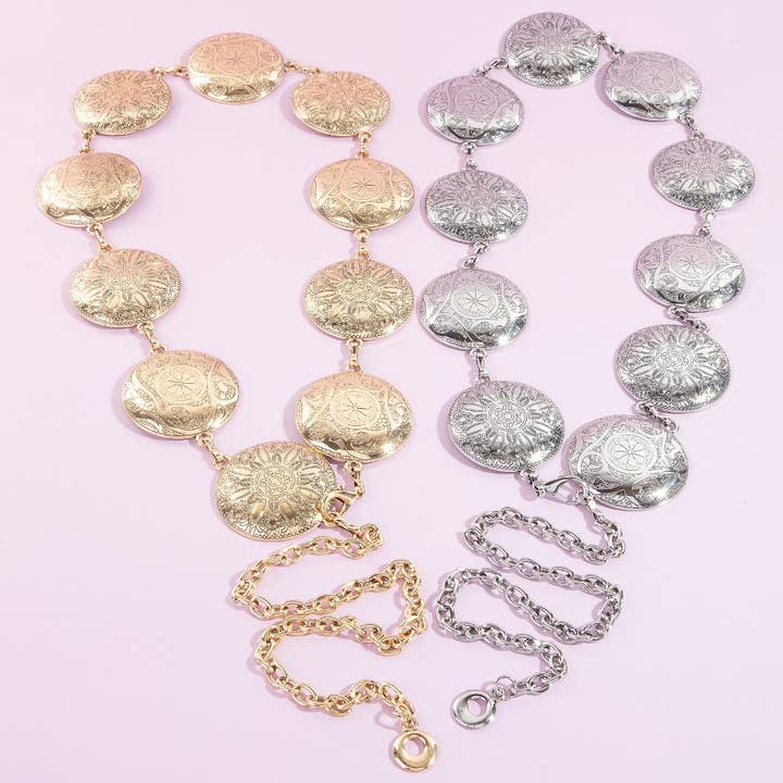 Cintura a catena con dischi incisi in stile Western per la vendita all'ingrosso da parte di Collections by Fame Accessories