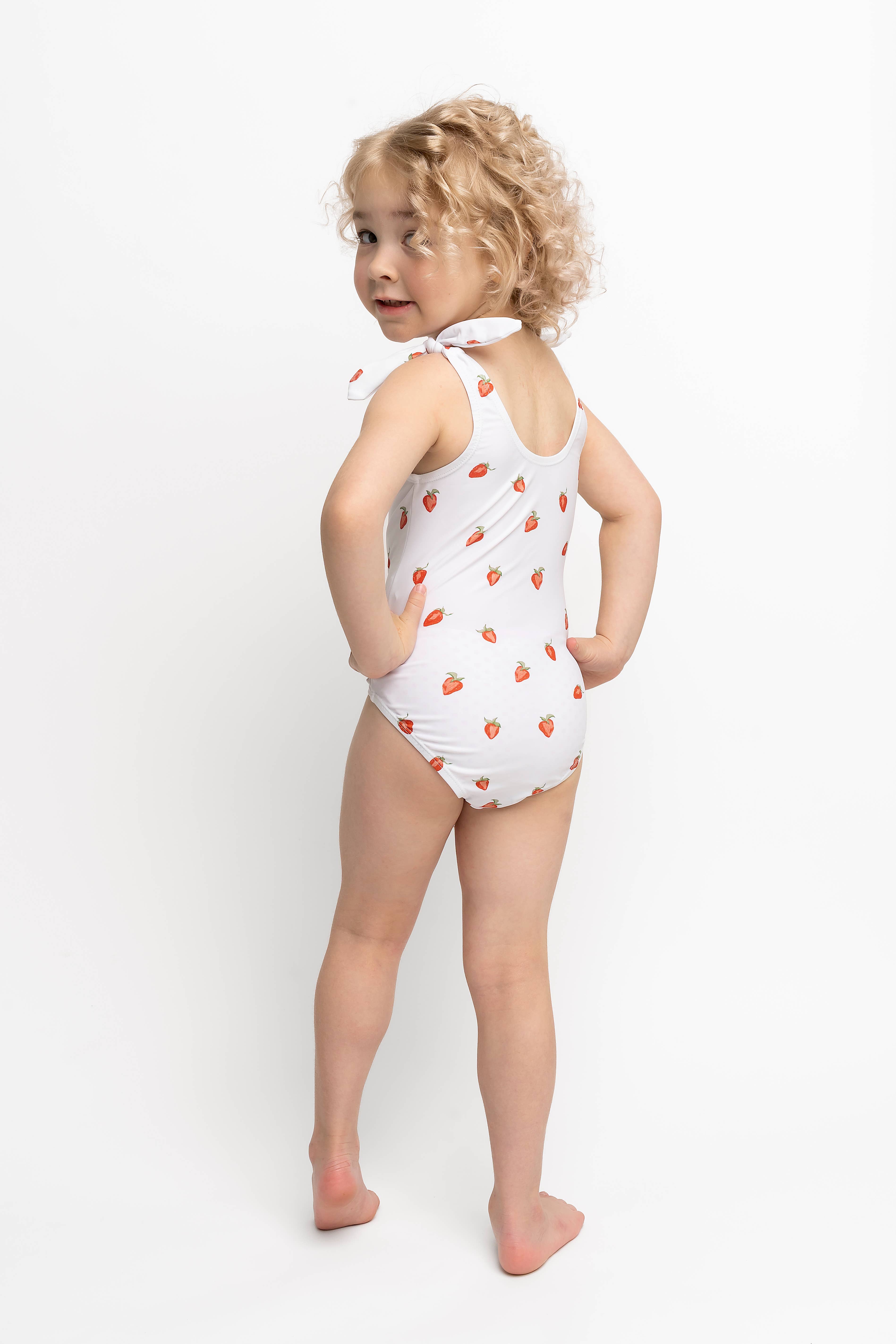 Coral Reef Swim - Wholesale One Piece Swimsuit - Kids - Strawberry Print Bowtie Straps Kids One Piece2