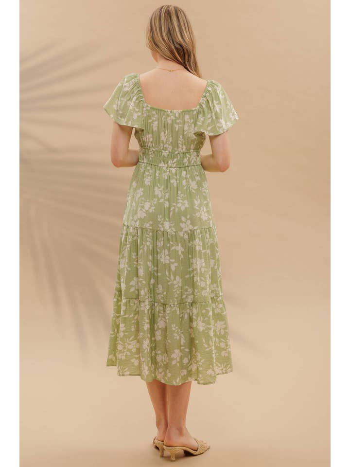 MINE - Wholesale Dress - Women's - FLORAL SCOOP NECK FLOUNCE SLEEVE TIERED MIDI DRESS