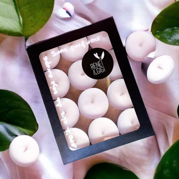 12 plantaardige theelichtkaarsen van sojawas voor wholesale door René et Gigi