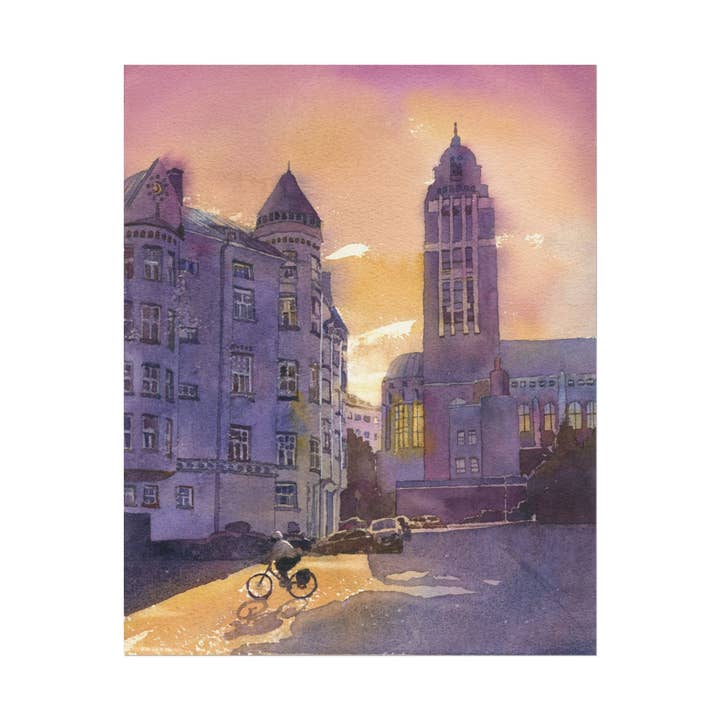 Finnish Kalli Church cityscape sunset painting Helsinki Finland European architecture artwork home decor (print) for wholesale by Ryan Fox Fine Art