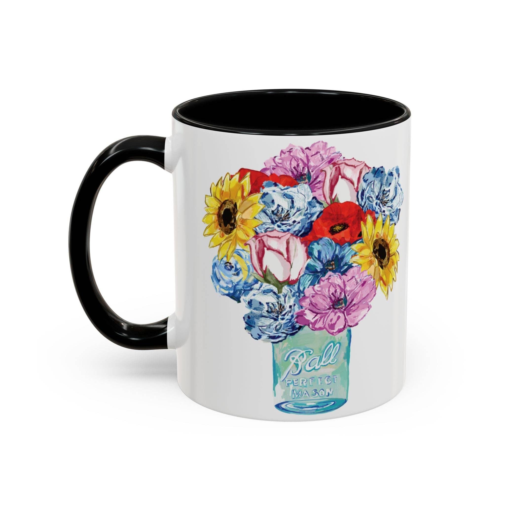 Blue Cava - Wholesale Coffee Mug - Spring Floral Mason Jar Two Tone Ceramic Mug - 11 oz & 15 oz0