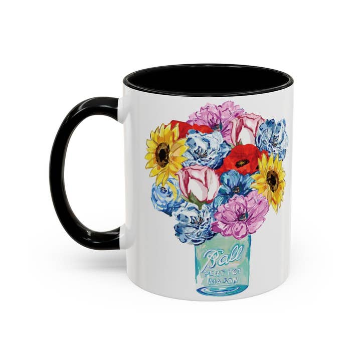 Blue Cava - Wholesale Coffee Mug - Spring Floral Mason Jar Two Tone Ceramic Mug - 11 oz & 15 oz