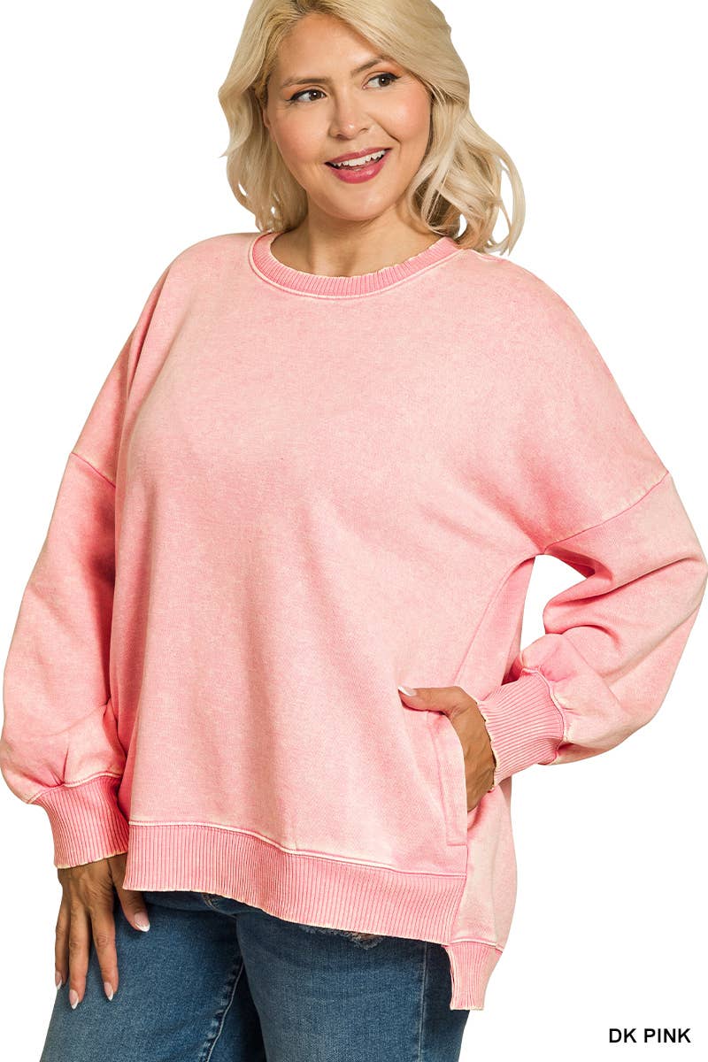 42POPS - Wholesale Sweatshirt - Women's - .Plus Acid Wash Fleece Hi Low Hem Pullover With Pockets13