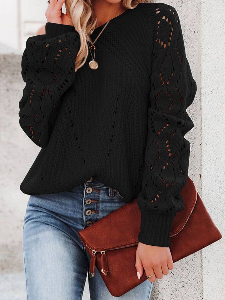 FULL TIME PURCHASE - Wholesale Knit Sweater - Women's - Hollow-out Puffy Sleeve Knit Sweater4