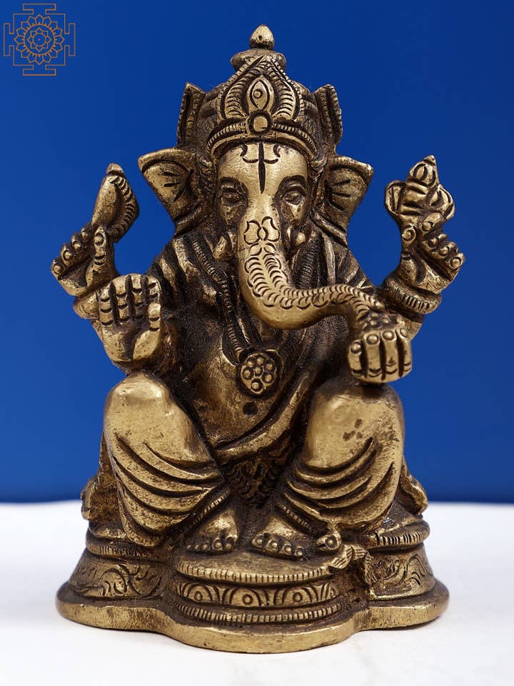 3" Small Brass Chaturbhuja Lord Ganesha Sculpture for wholesale by Exotic India Art