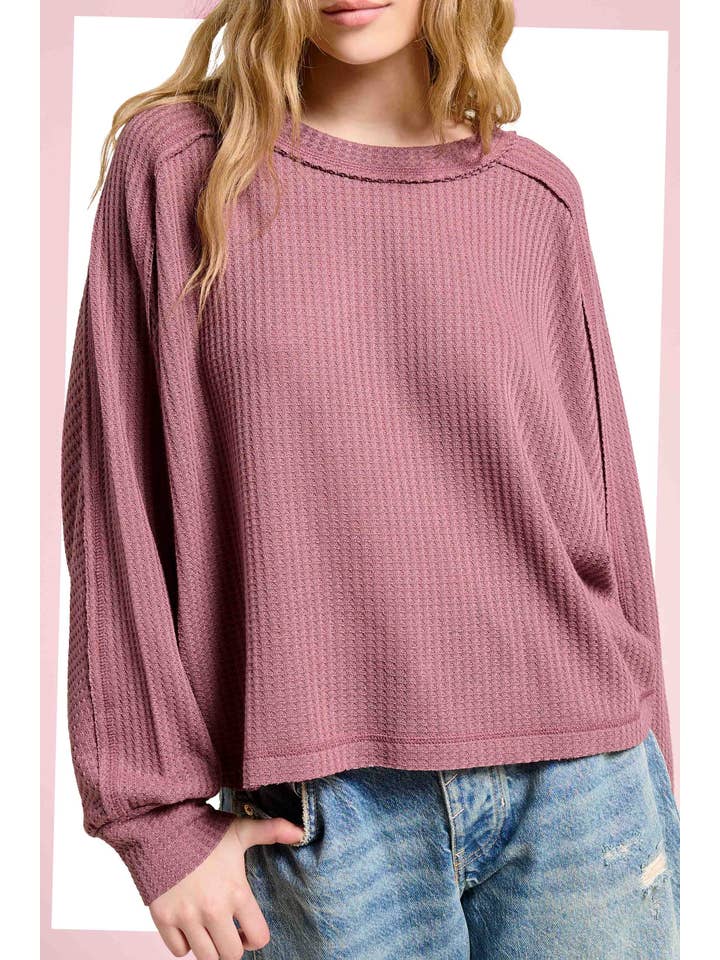 La Miel - Wholesale Knit Top - Women's - HAT7565-Brushed Waffle Fabric Loose Fit Long Sleeve Top28