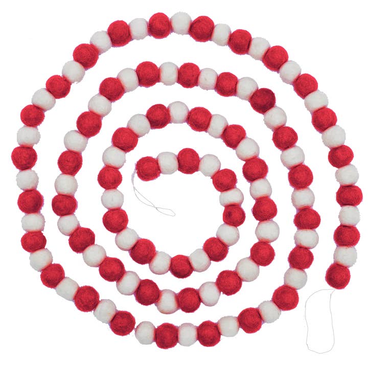 Ghirlanda natalizia in feltro con pompon, fatta a mano, rossa e bianca per la vendita all'ingrosso da parte di Global Groove Life