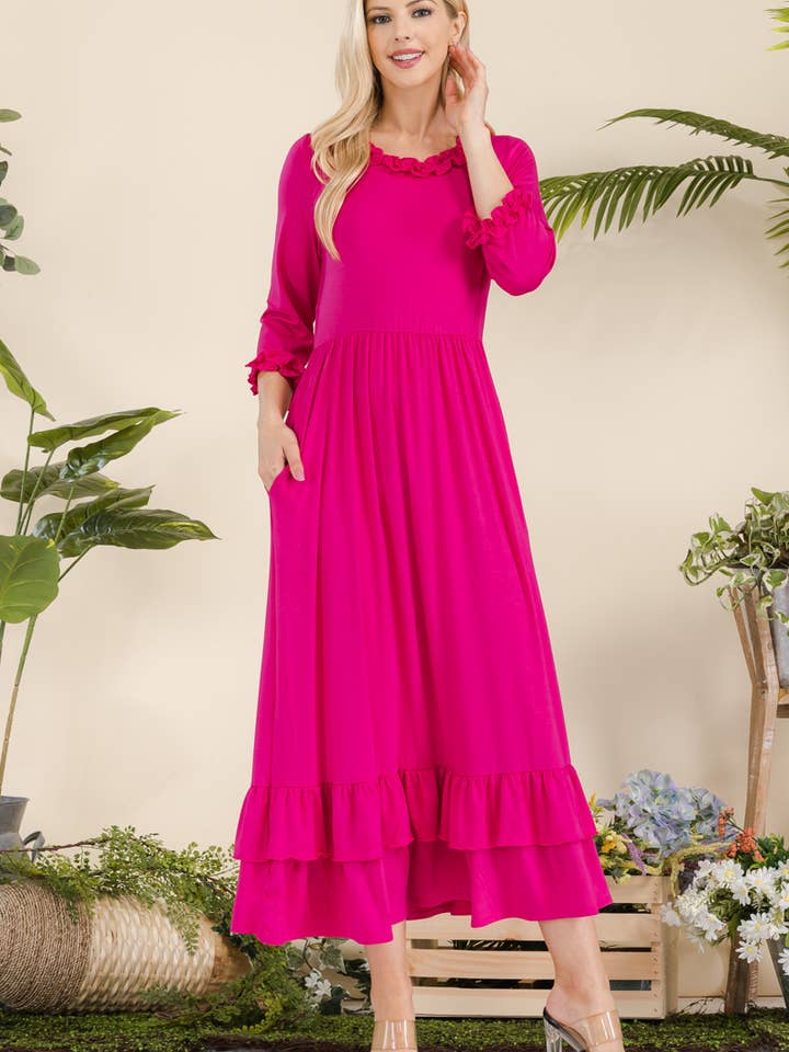 Celeste Clothing - Wholesale Dress - Women's - PLUS SIZE DRESS WITH RUFFLE SLEEVES AND HEMLINE -CD43855