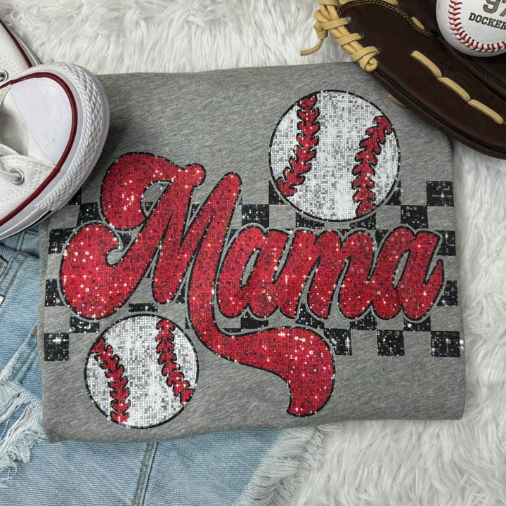 Mama Baseball Checkered Faux Glitter for wholesale by MidWest Tees