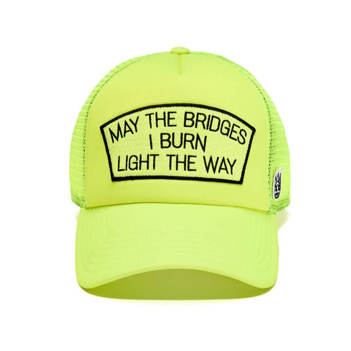 YELLOW "MAY THE BRIDGES I BURN" MESH BACK TRUCKER HAT for wholesale on Faire