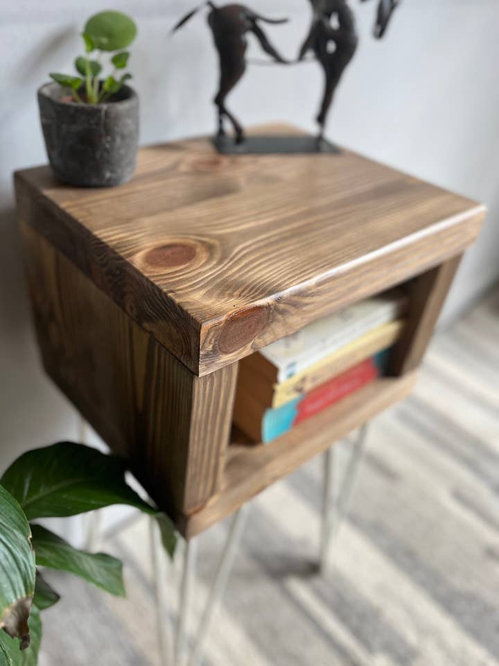 Industrial Redwood Pine Bedside Table with White Steel Hairpin Legs - Mid-Century Modern Home Living Room Furniture for wholesale by James's Workshop