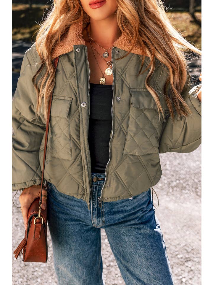 Jungle Green LDC Teddy Collar Flap Pockets Quilted Puffer Jacket for wholesale on Faire