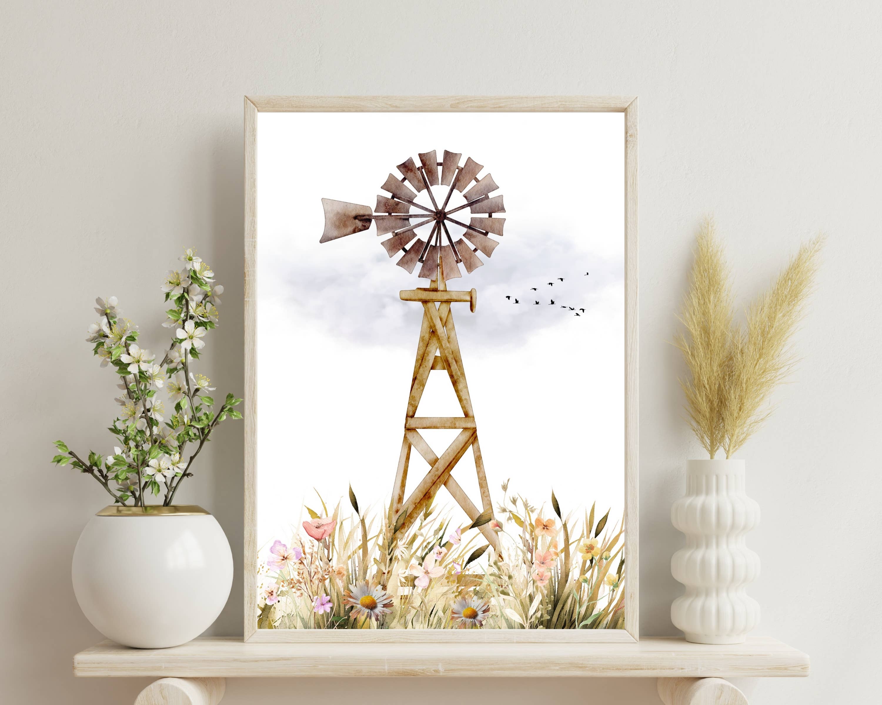 Designs by Michaela - Wholesale Everyday Greeting Card - Rustic Windmill in a Wildflower Field Watercolor Card1