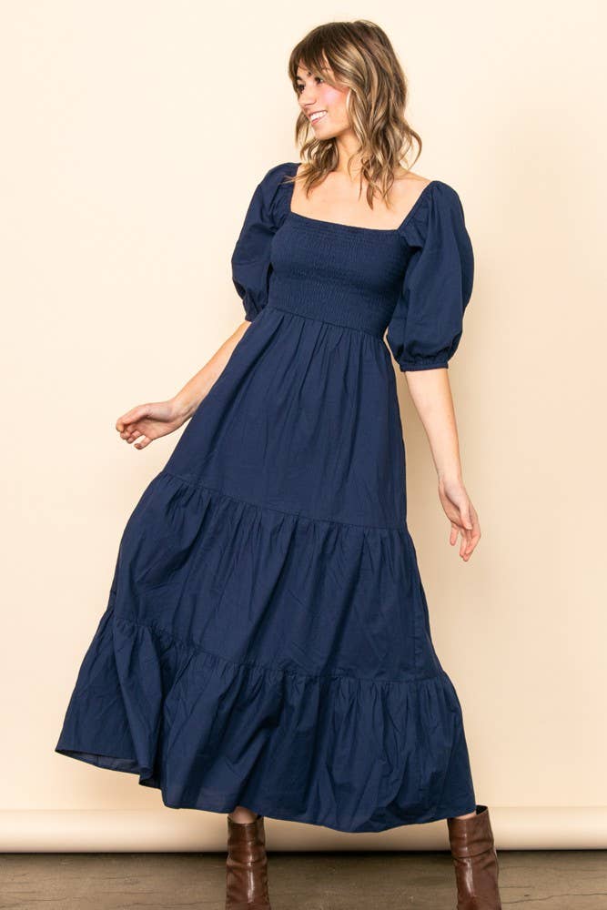 Elloh Collection - Wholesale Dress - Women's - On Off Shoulder Half Sleeve Cotton Smocked Tiered Maxi Dress1