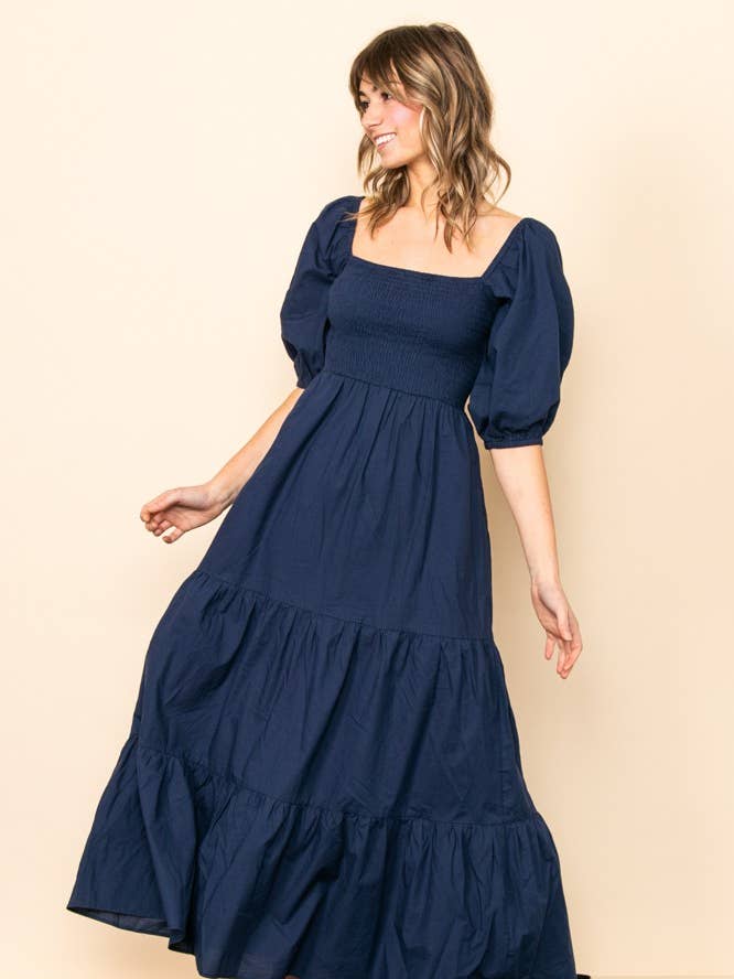 Elloh Collection - Wholesale Dress - Women's - On Off Shoulder Half Sleeve Cotton Smocked Tiered Maxi Dress1