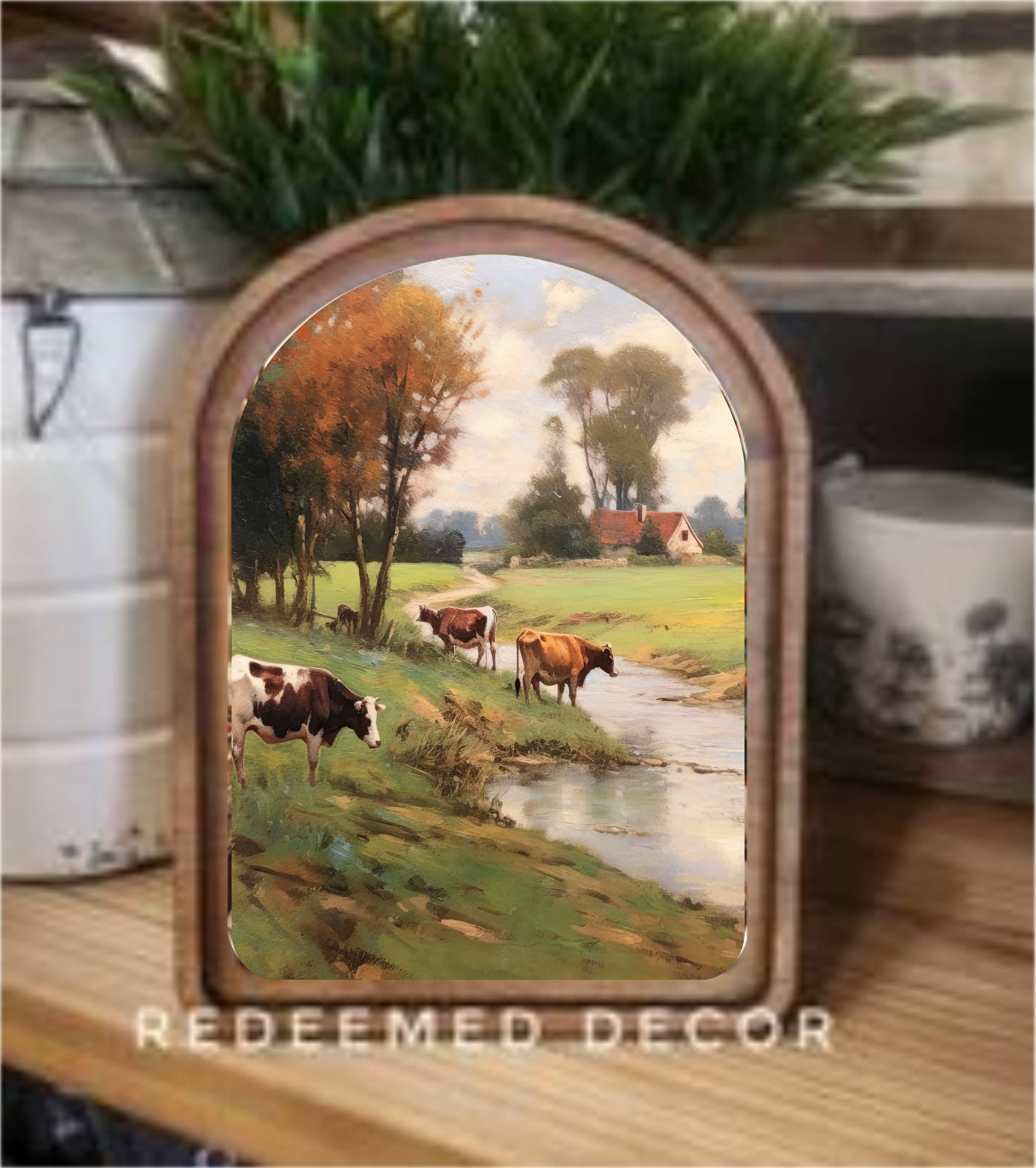Redeemed Decor - Wholesale Wood Wall Art - Arch Top Pasture Stream Framed Art   0