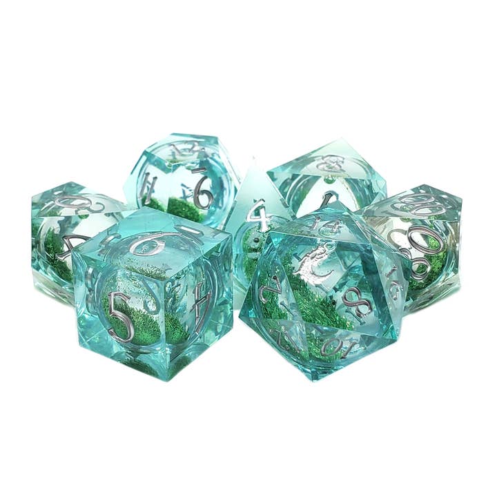 Sharp Edged 7-Piece Dice Set - Liquid infused - Emerald Fury for wholesale by Old School Dice