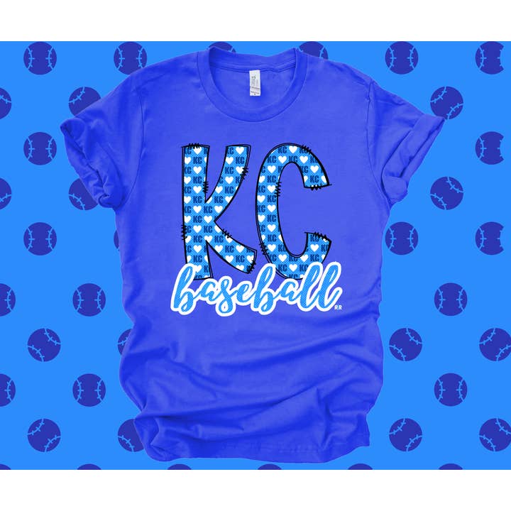 KC Heart Pattern in Doodle Letters Royal Blue Graphic Tee for wholesale by The Red Rival Wholesale