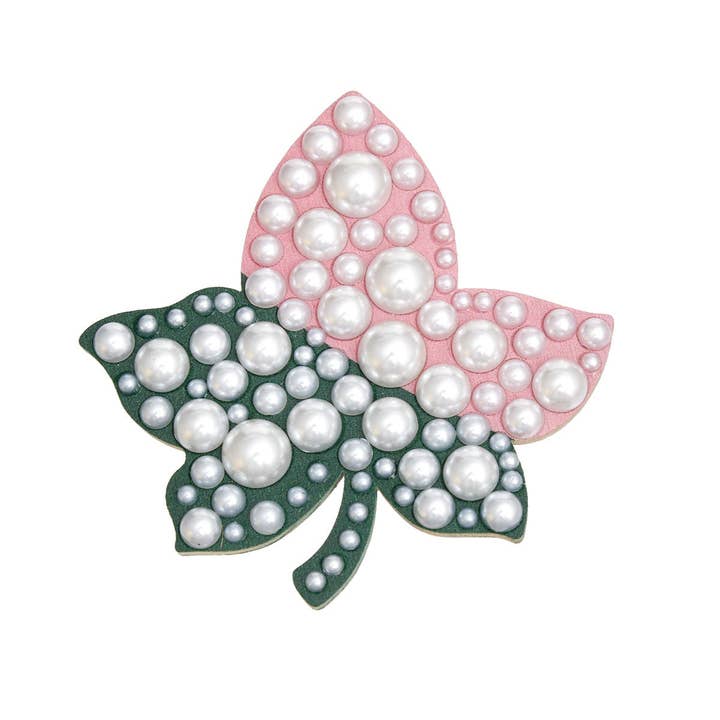 AKA Sorority Pink Green Ivy Leaf Wood Pearl Brooch for wholesale on Faire