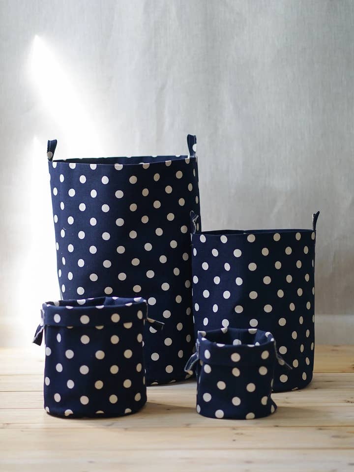 Navy and natural bold dot storage bins, for wholesale by griffin savoy inc