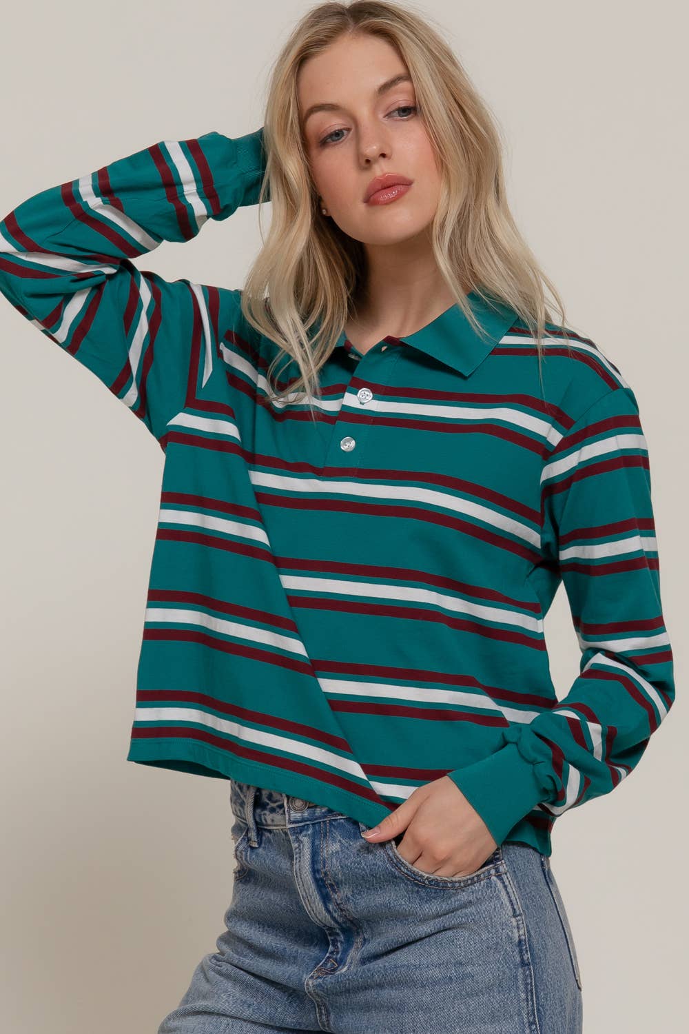 Active Basic | Active USA - Wholesale Polo - Women's - Long Sleeve Multi Stripe Polo Top6