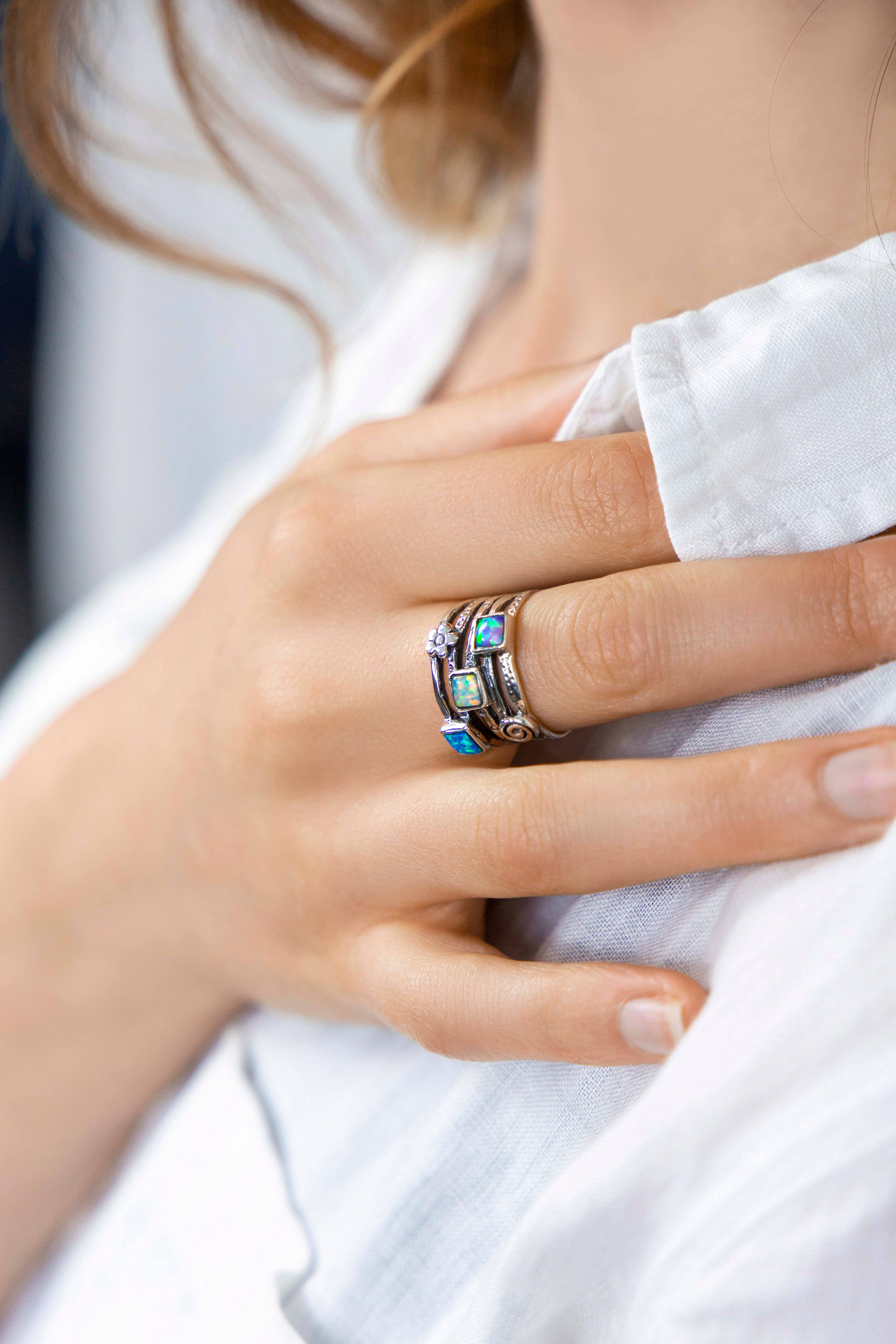 Banyan Jewellery - Wholesale Band/Stacked Ring - Handmade Sterling Silver Multi Opalite and Flower Ring 4