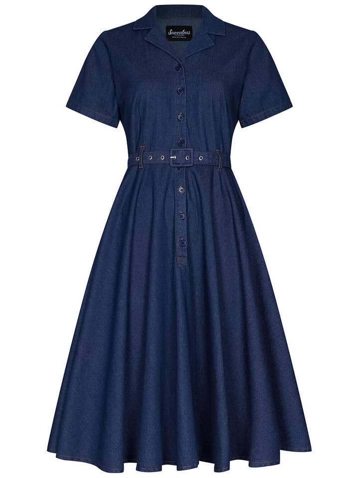Vestido Swing de los 50 de Mezclilla Rubí de Succubus en Azul Marino para venta al por mayor de Succubus