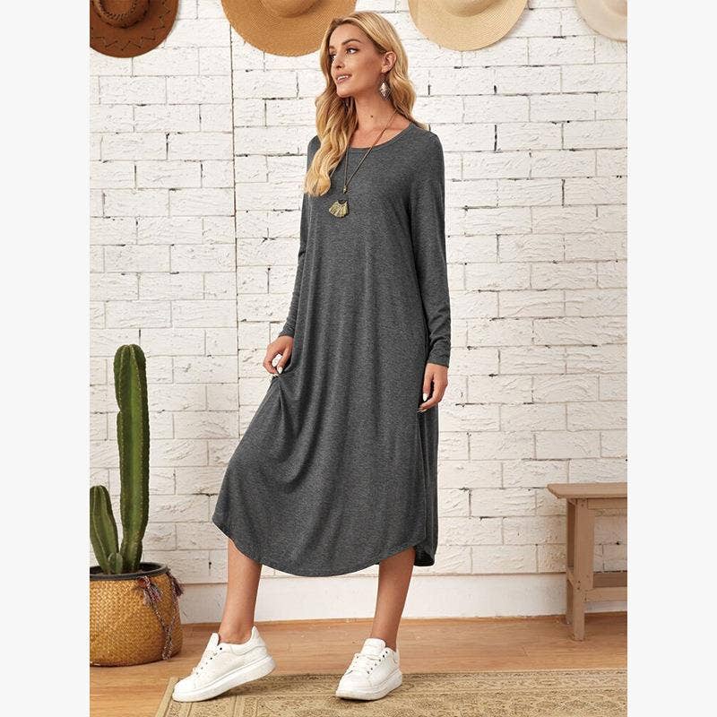 EmberLoom – Großhandel Kleid – Damen – Damen Solides Lässiges Langarm-Kleid mit Geschwungenem Saum5