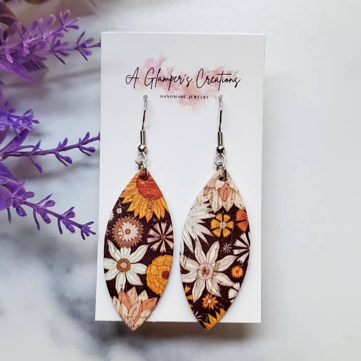 Retro Floral Pointed Oval Leather Earrings for wholesale by A Glamper's Creations LLC