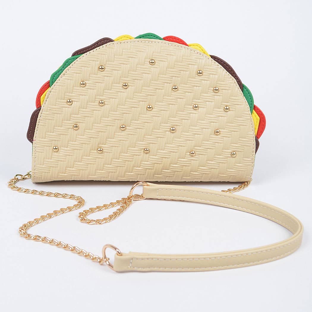 Beige Studded Taco Shape Clutch for wholesale on Faire2