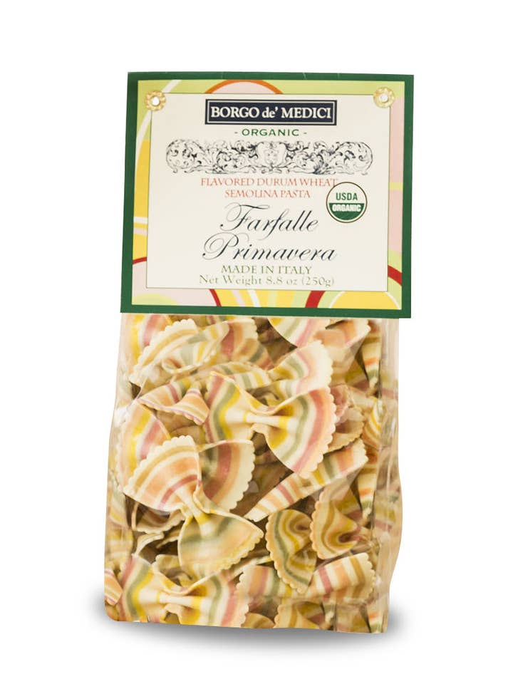 Pâtes de noeud papillon multicolores biologiques pour la vente par BORGO DE MEDICI USA