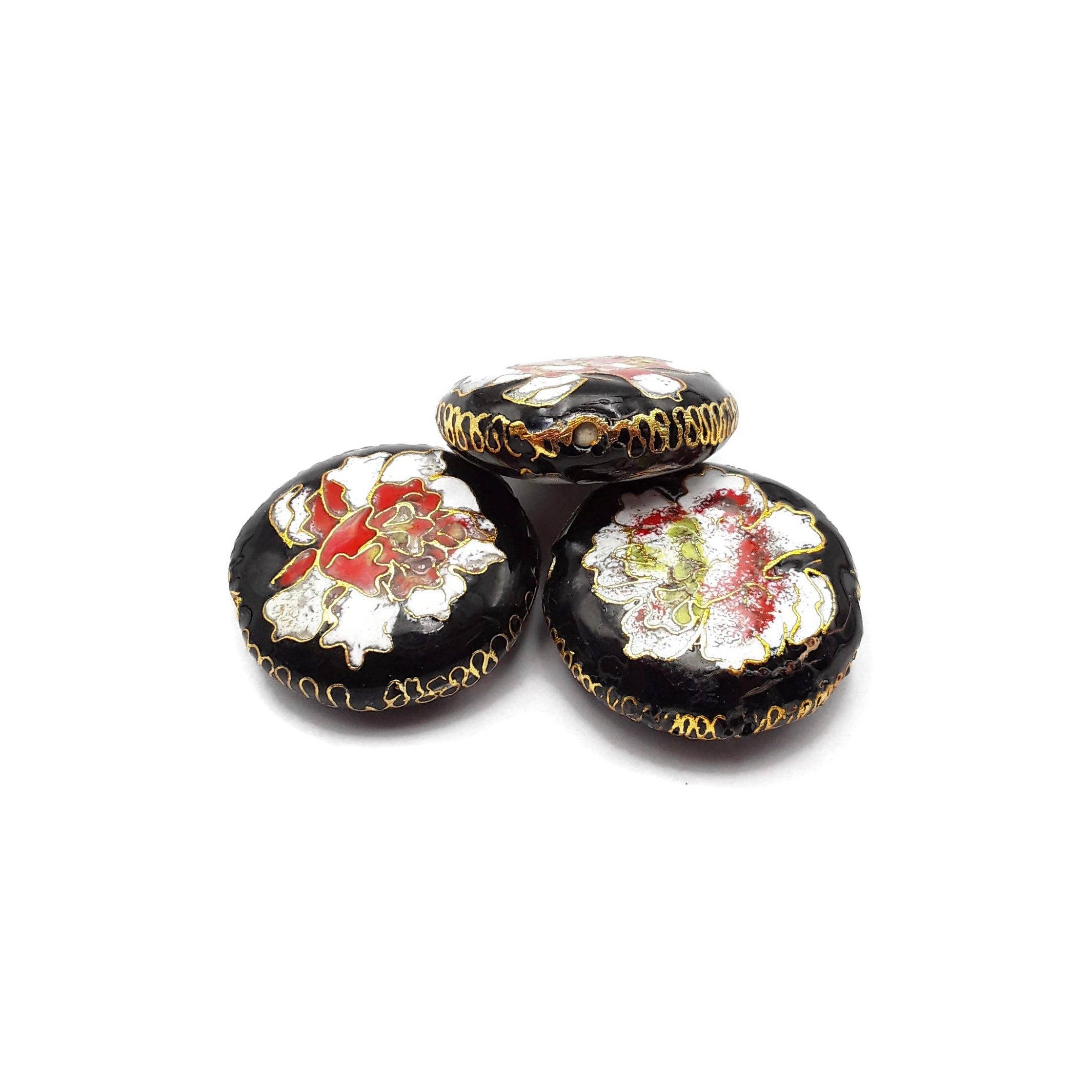CRCBEADS - Wholesale Individual Charm/Pendant - Vintage Cloisonne Black White Flower Handmade Flat Round Single Bead 28mm2