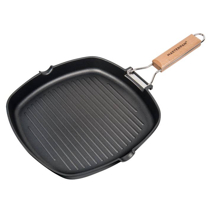 POÊLE À GRIL EN FONTE D'ALUMINIUM ANTIADHÉSIVE AVEC POIGNÉE RABATTABLE, 11 » pour la vente par Masterpan Inc.