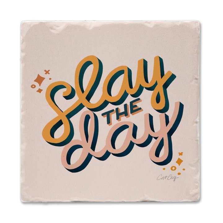 "Slay The Day" 4 Pack Tumbled Tile Coasters for wholesale by CounterArt/Highland Home/Thirstystone/CoasterStone