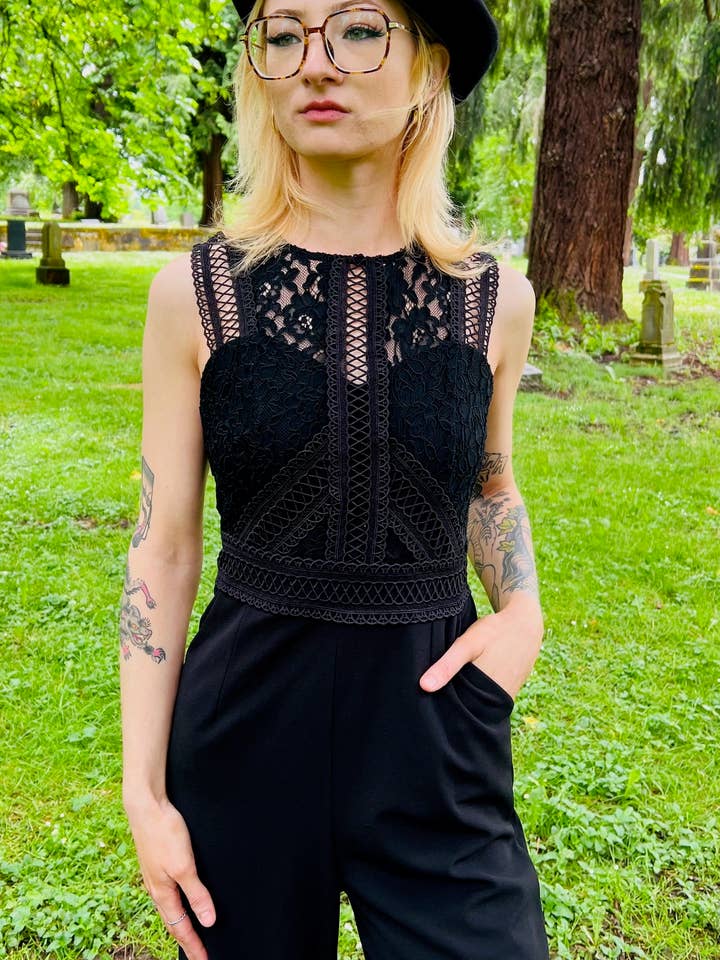 Branwen - Romantic Corporate Goth Jumpsuit - Ready to ship for wholesale by Witchwood Bags