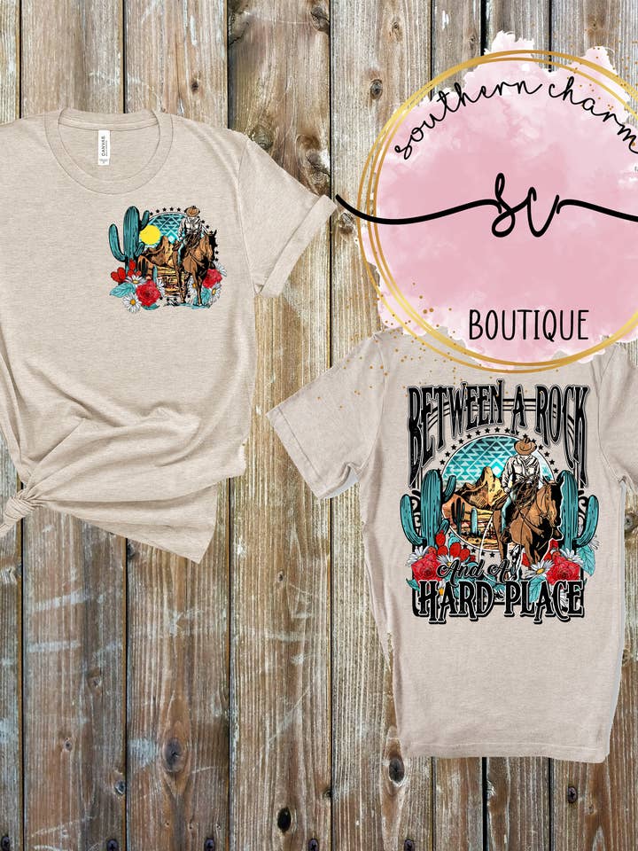 T-shirt Between a Rock and a Hard Place Heather Dust pour la vente par Southern Charm Boutique