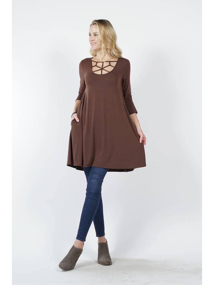 42POPS - Wholesale Tunic - Women's - ",..3/4 Sleeve Criss Cross Detail Pocket Tunic0