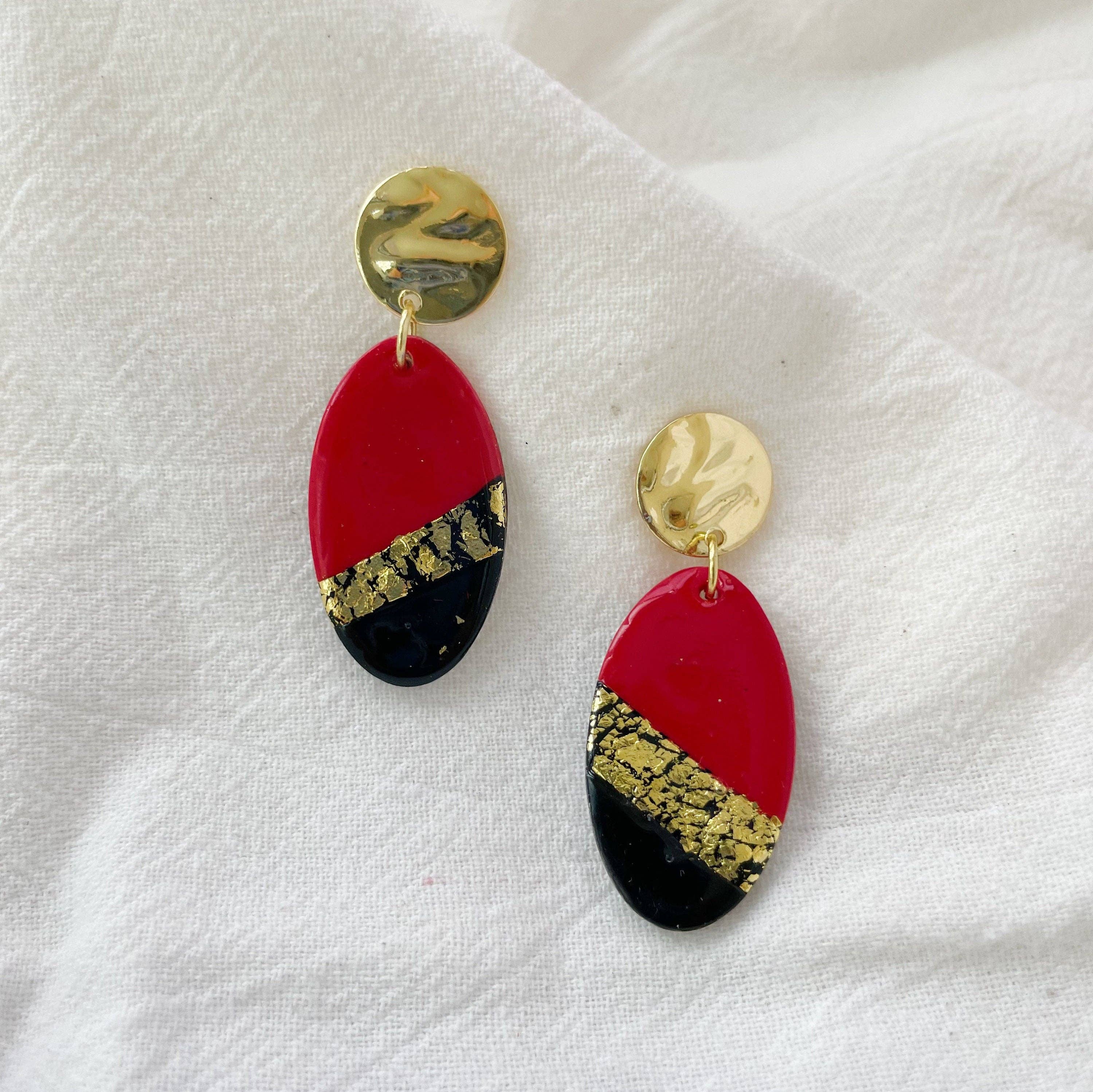 Frosted Willow - Wholesale Dangle earrings - Red, Black and Gold Crackle Earrings Lightweight Polymer Clay Earrings Gold Dangles