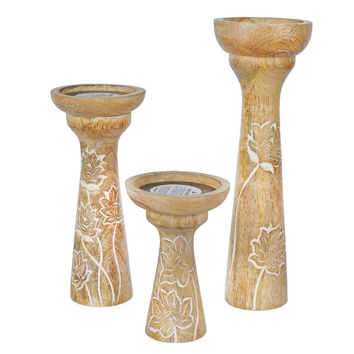 Floral Vine Rustic White Pillar Candleholder Set for wholesale by Mela Artisans