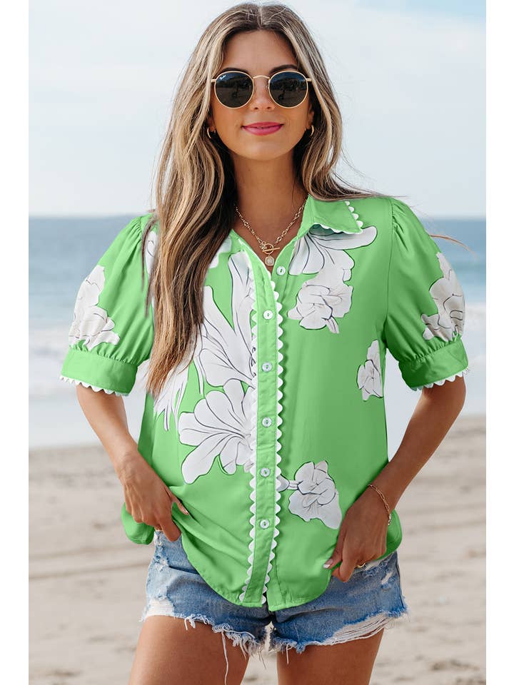 Aapparella - Wholesale Button Down Shirt - Women's - Floral Ric Rac Edge Puff Sleeve Button Up Top | S-XL