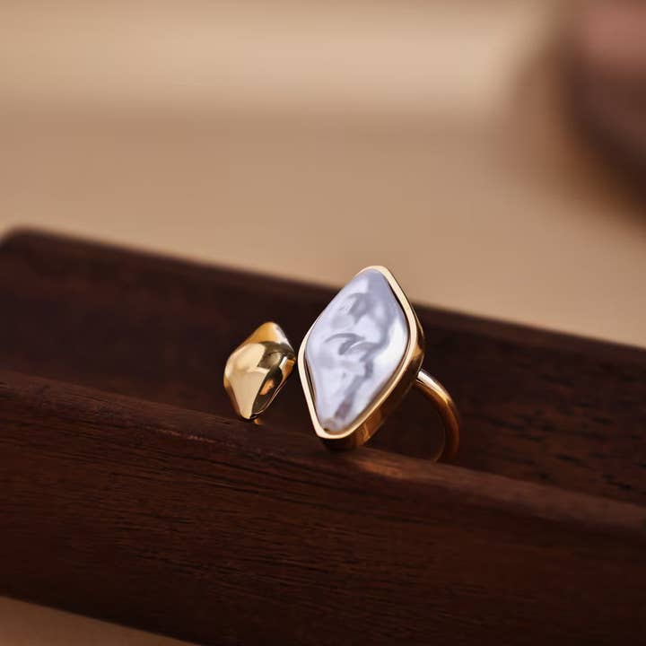 Revelari - Wholesale Cocktail/Statement Ring - Gold Ring with Unique Pearl and Geometric Design1