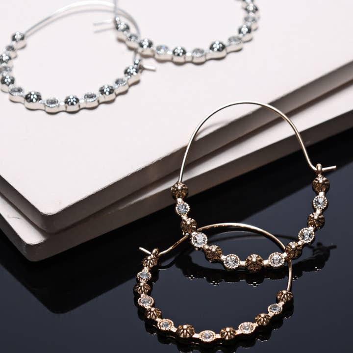 Fashion City - Wholesale Hoop Earrings - Rhinestone Thin Round Hoop Earrings