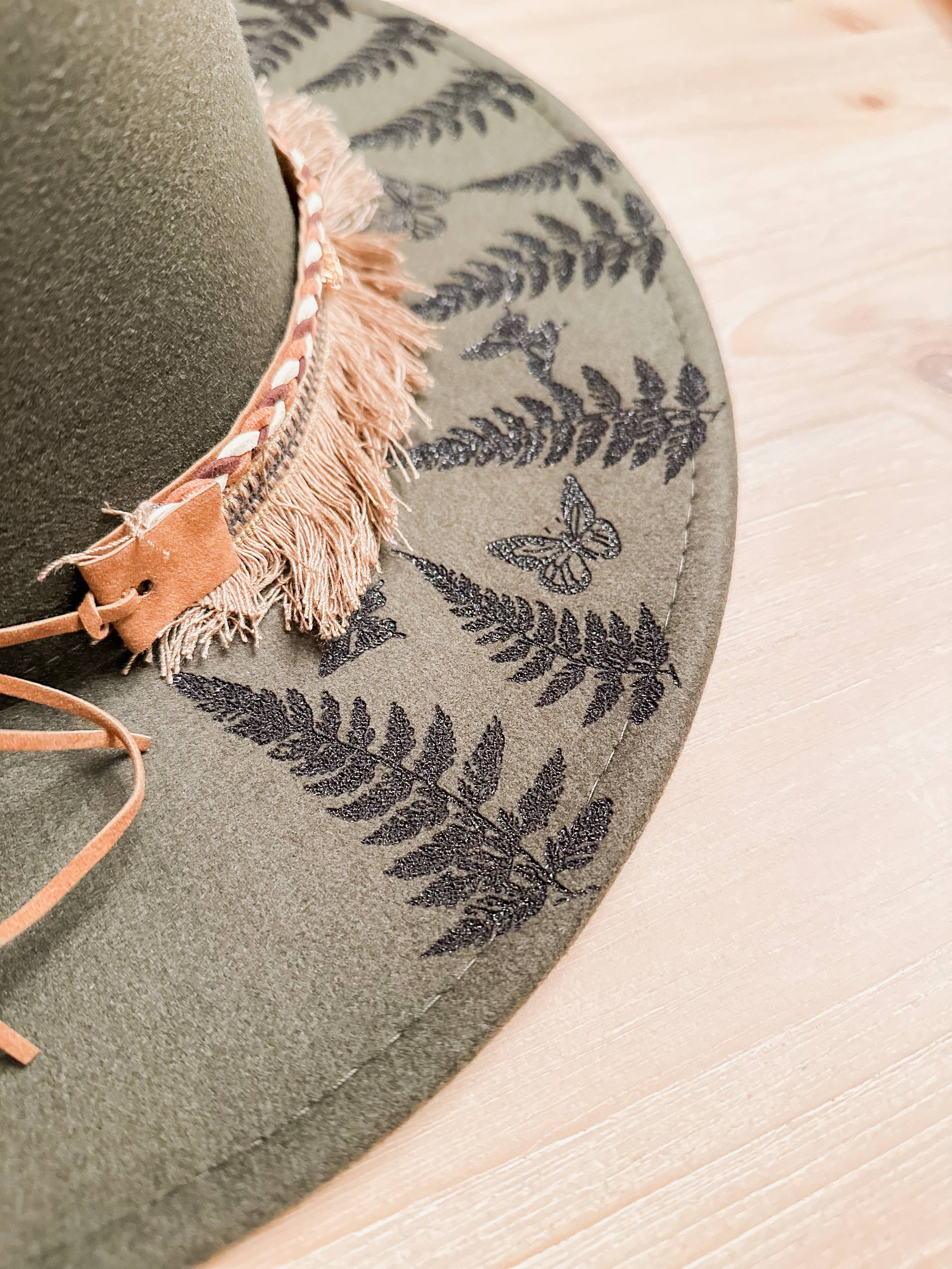 Wild Indigo - Wholesale Fedora - Women's - Western Burnt Hat Fern and Butterfly Design5