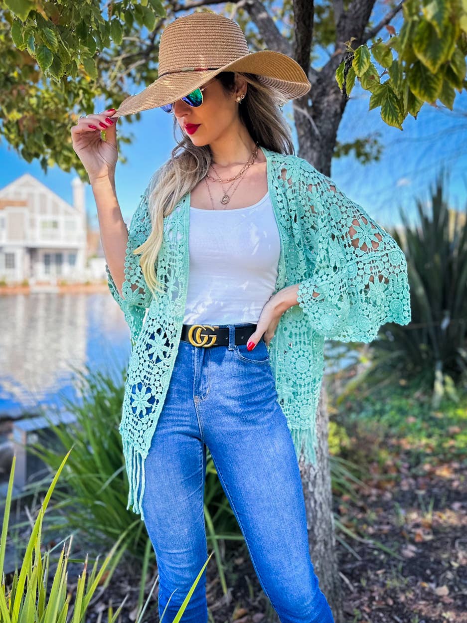 Sage Floral Crochet 3/4 Sleeve With Tassel Kimono for wholesale on Faire0