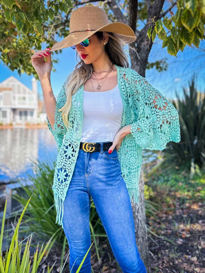 Sage Floral Crochet 3/4 Sleeve With Tassel Kimono for wholesale on Faire
