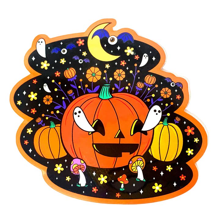 Jack O Lantern Halloween Floral Ghosts Pumpkin Vinyl Sticker for wholesale by Krystan Saint Cat