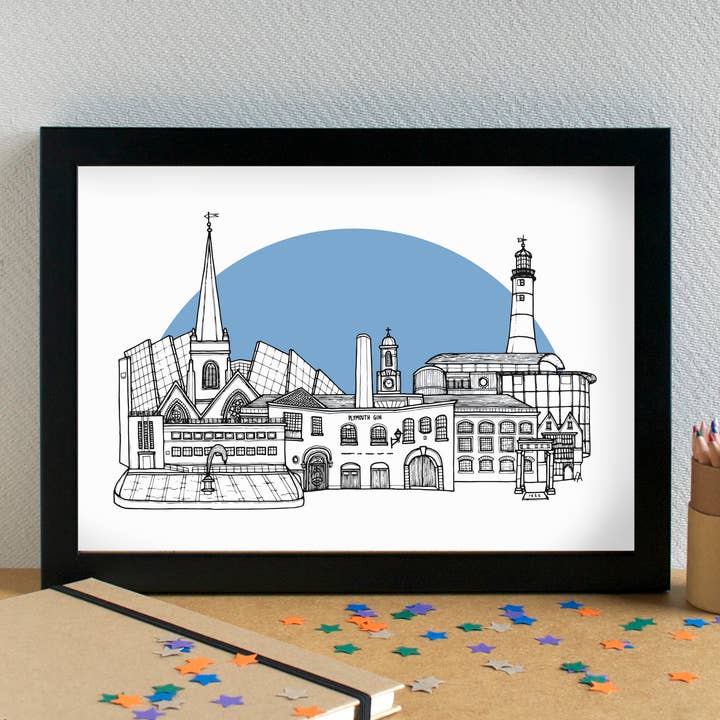 Plymouth Skyline Landmarks Art Print - unframed for wholesale by Becka Griffin Illustration