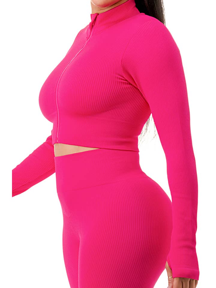 MIO WHOLESALE - Wholesale Top & Pant Set (NOT Loungewear) - Women's - JA60SET SOLID RIB ZIP-UP FRONT CROP JACKET SET9