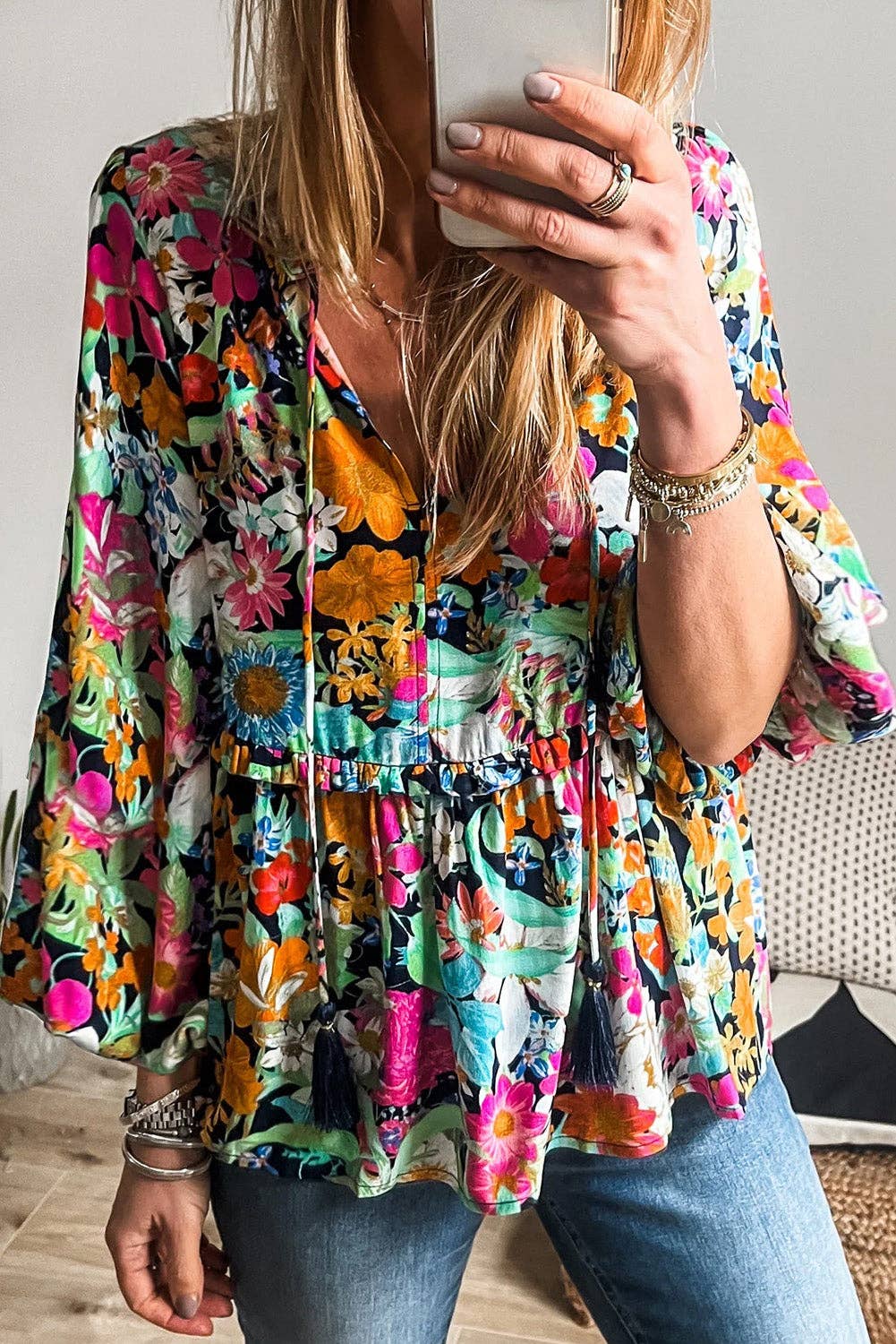Multicolor Floral Print Bubble Sleeve V Neck Ruffled Blouse for wholesale on Faire0
